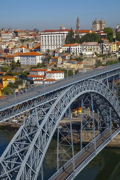 Europe, Portugal, Porto. Dom Luis I Bridge and view of city