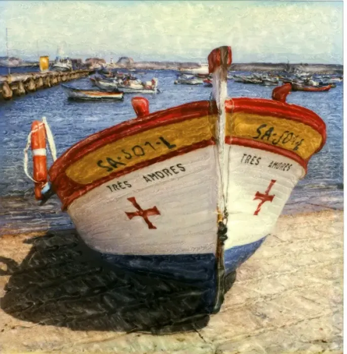 Framed Print : Europe, Portugal, Sangres. Colorful boat in harbor. Polaroid SX70 Manipulation