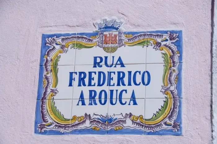 Framed Print : Europe, Portugal. Seaside city of Cascais. Traditional hand painted tile street sign