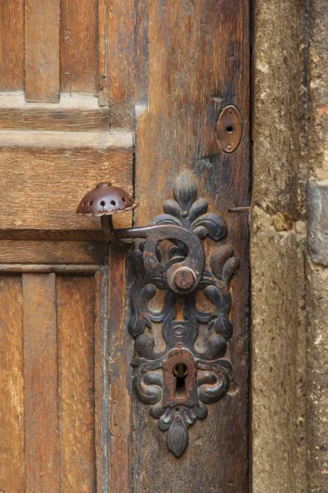 Framed Print : Europe, Romania, Brasov. Door handle, key hole