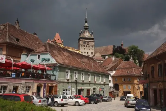 Framed Print : Europe, Romania, Sighisoara, Lower Town street around medieval citadel with the Clock
