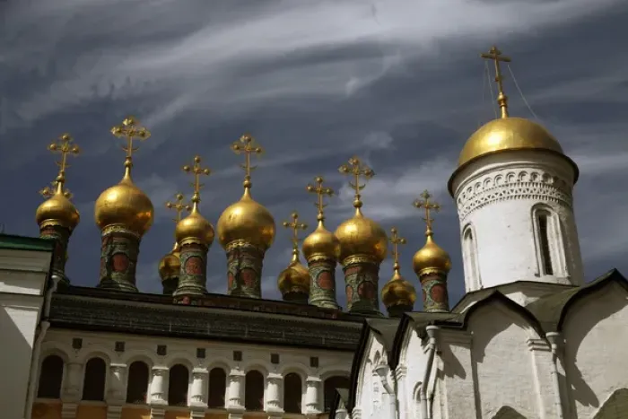 Framed Print : Europe, Russia, Moscow. The Upper Saviors Cathedral domes, Kremlin. Moscow