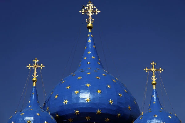 Europe, Russia, Suzdal. Blue starred domes of the Cathedral of the Nativity of the Theotokos