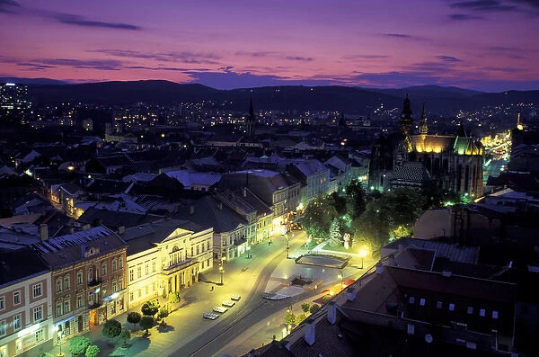 Europe, Slovakia, Kosice. Cathedral of St. Elizabeth and town view at dusk