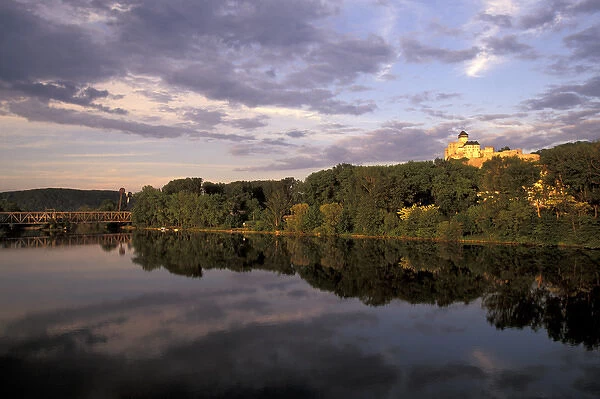 Europe, Slovakia, West Slovakia, Trencin Trencin Castle at sunset, reflected in