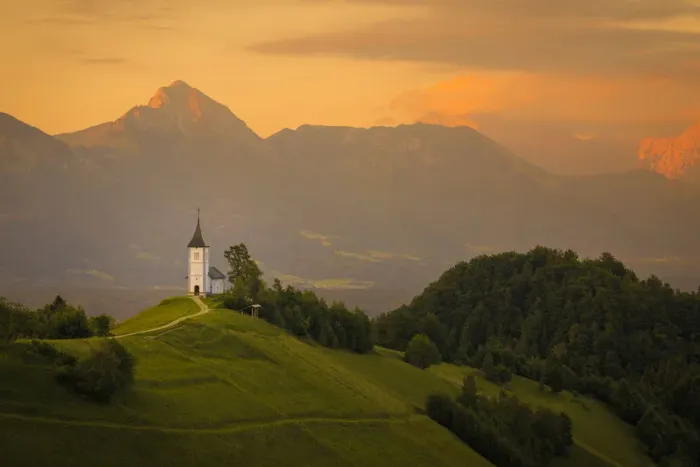 Framed Print : Europe, Slovenia. Chapel of St. Primoz at sunset