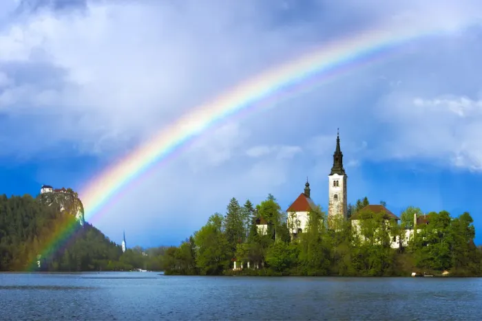 Framed Print : Europe, Slovenia, Lake Bled. Rainbow over lake and church Framed Print : Europe, Slovenia, Lake Bled. Rainbow over lake and church