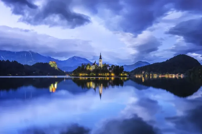 Framed Print : Europe, Slovenia. Lake Bled at sunset. Credit as: Jim Nilsen  /  Jaynes Gallery  /  DanitaDelimont