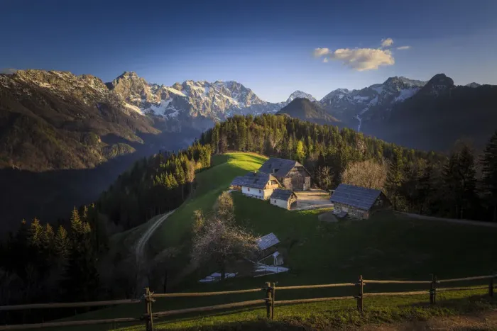Framed Print : Europe, Slovenia, Logarska Dolina. Mountain farm houses at sunset Framed Print : Europe, Slovenia, Logarska Dolina. Mountain farm houses at sunset
