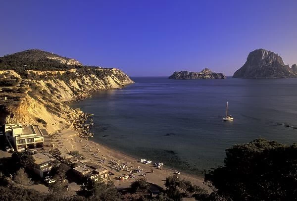 Europe, Spain, Balearics, Ibiza, Cala d Hort Beach view