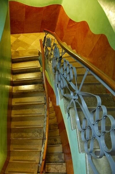 Europe, Spain, Catalunya, Barcelona. Colorful stairway, Casa Mila (aka La Pedrera)