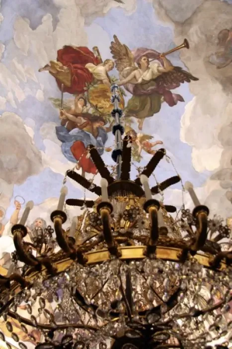 Framed Print : Europe, Spain, Madrid. Chandelier and fresco fo Palacio Real