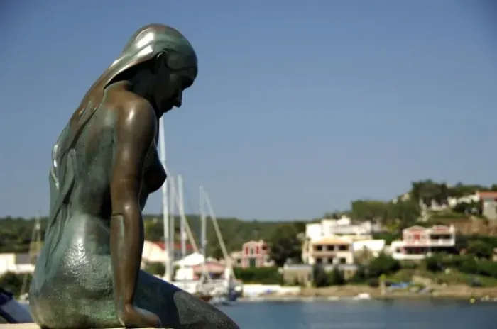 Framed Print : Europe, Spain, Minorca (aka Menorca), Mahon. Bronze mermaid statue