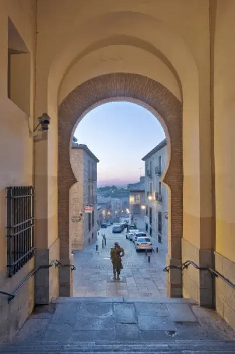 Framed Print : Europe, Spain, Toledo, Gate to Zocodover Square (Plaza Zocodover) at Dawn