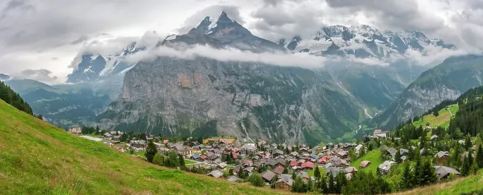 Framed Print : Europe, Switzerland, Bernese Oberland. Panoramic of mountains and village in valley Framed Print : Europe, Switzerland, Bernese Oberland. Panoramic of mountains and village in valley