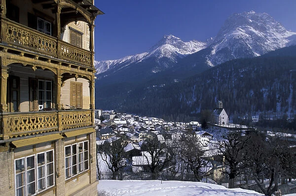 Europe, Switzerland, Graubunden, Scuol. Town view from main road