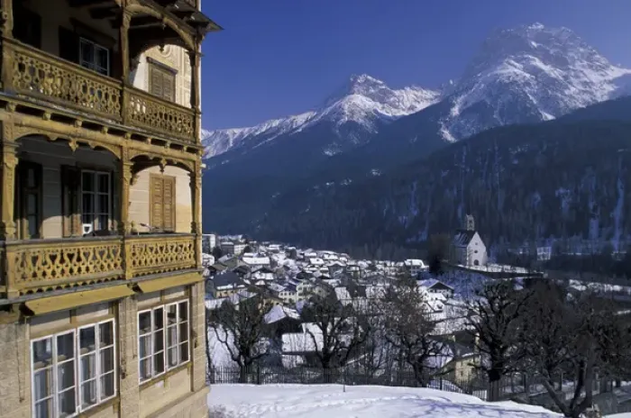 Framed Print : Europe, Switzerland, Graubunden, Scuol. Town view from main road Framed Print : Europe, Switzerland, Graubunden, Scuol. Town view from main road