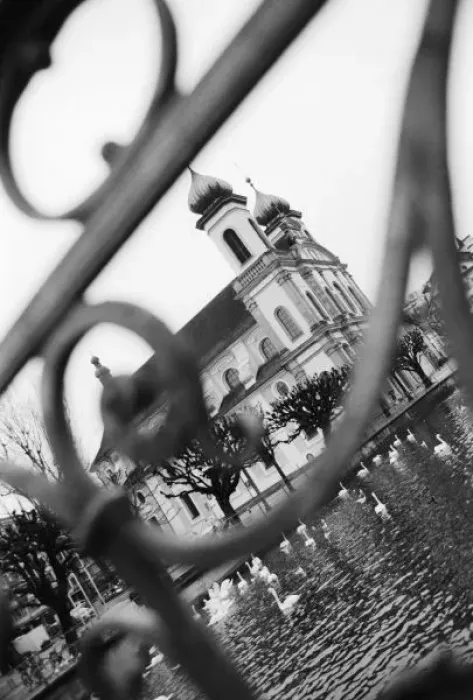 Framed Print : Europe, Switzerland, Lucerne. Jesuit church through railing Framed Print : Europe, Switzerland, Lucerne. Jesuit church through railing