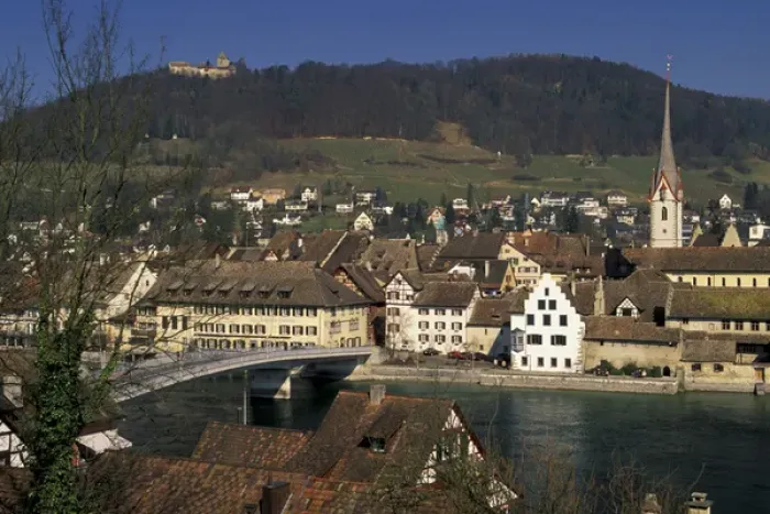Framed Print : Europe, Switzerland, Schaffhausen, Stein Am Rhein. Town view and Rhine River Framed Print : Europe, Switzerland, Schaffhausen, Stein Am Rhein. Town view and Rhine River