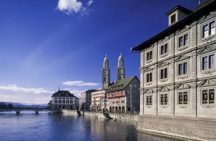 Framed Print : Europe, Switzerland, Zurich. Grossmunster Cathedral and Limmat River in daytime Framed Print : Europe, Switzerland, Zurich. Grossmunster Cathedral and Limmat River in daytime
