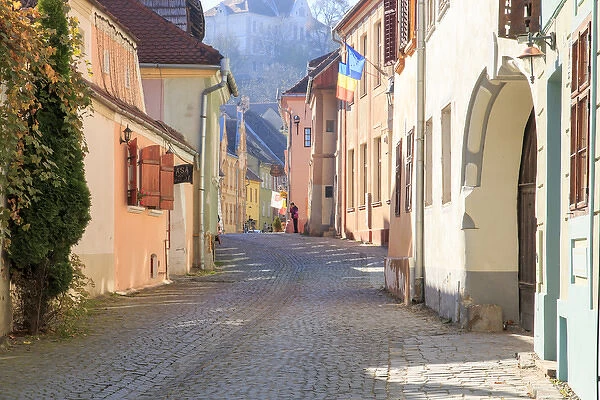 Europe, Transylvania, Romania, Mures County, Sighisoara, cobblestone residential street in village