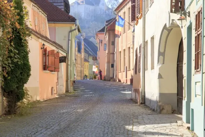 Framed Print : Europe, Transylvania, Romania, Mures County, Sighisoara, cobblestone residential street in village Framed Print : Europe, Transylvania, Romania, Mures County, Sighisoara, cobblestone residential street in village