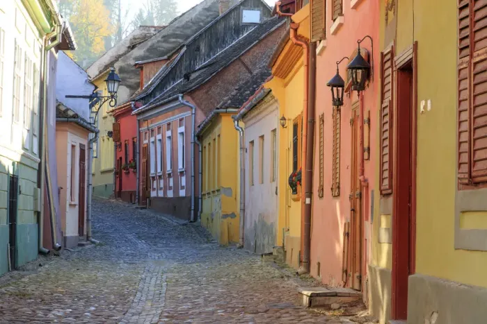 Framed Print : Europe, Transylvania, Romania, Mures County, Sighisoara, cobblestone residential