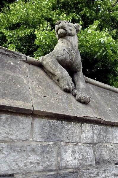 Europe, Wales, Cardiff. Cardiff Castle, creatures on the Animal Wall guard the castle