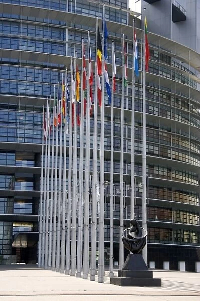 European Union Parliament and flags of member nations in Strasbourg, France