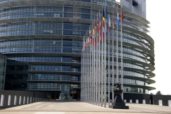 Framed Print : European Union Parliament and flags of member nations in Strasbourg, France