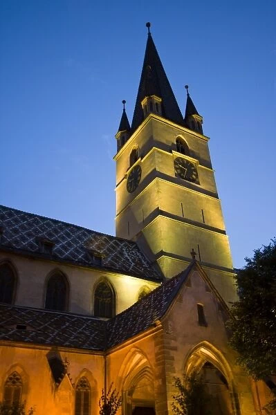 The Evangelical Church, or Evangelische Stadtpfarrkirche, and Cathedral Tower at night