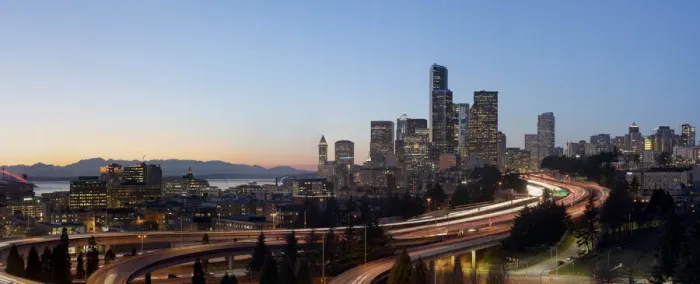 Framed Print : Evening light on downtown Seattle with I-5 passing through Framed Print : Evening light on downtown Seattle with I-5 passing through
