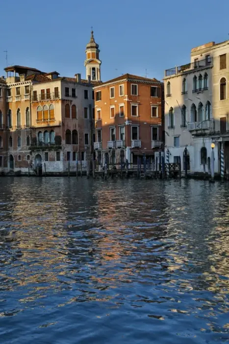 Framed Print : Evening light on Grand Canal and its reflection of old buildings and belltower, Venice Framed Print : Evening light on Grand Canal and its reflection of old buildings and belltower, Venice