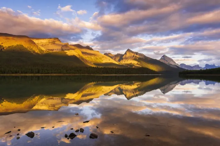 Framed Print : Evening light on Maligne Lake and Sampson Peak, Jasper National Park, Alberta, Canada