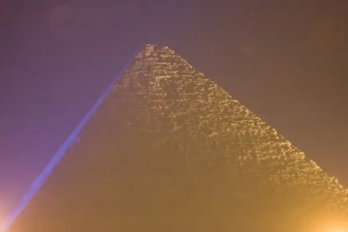 Framed Print : Evening light show on The Pyramids of Giza, which are alomost 5000 years old. On Framed Print : Evening light show on The Pyramids of Giza, which are alomost 5000 years old. On