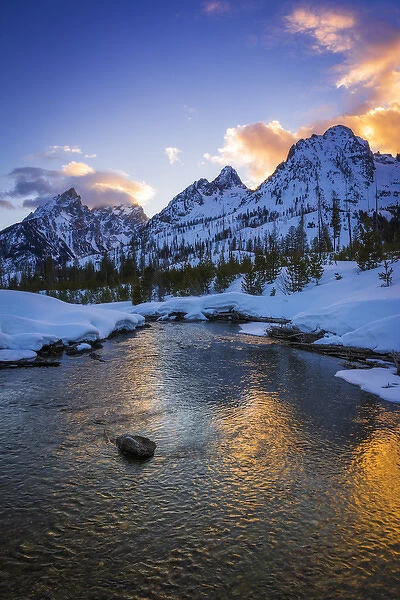 Evening light over the Tetons from Cottonwood Creek in winter, Grand Teton National Park