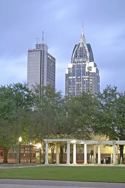 Evening lighting buildings Cathedral Plaza downtown Mobile Alabama