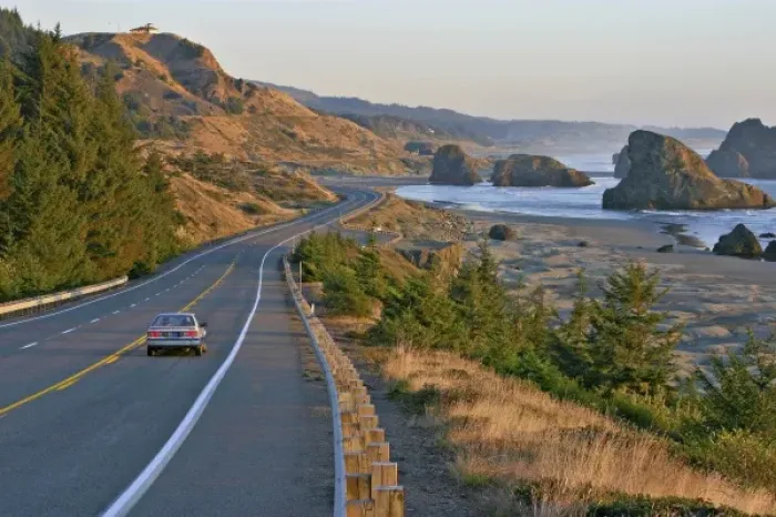 Framed Print : Evening lighting car on highway 101 near Gold Beach Oregon