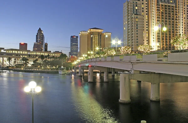 Evening lighting Harbor Island bridge on Garrison Channel downtown 2008, Tampa Florida