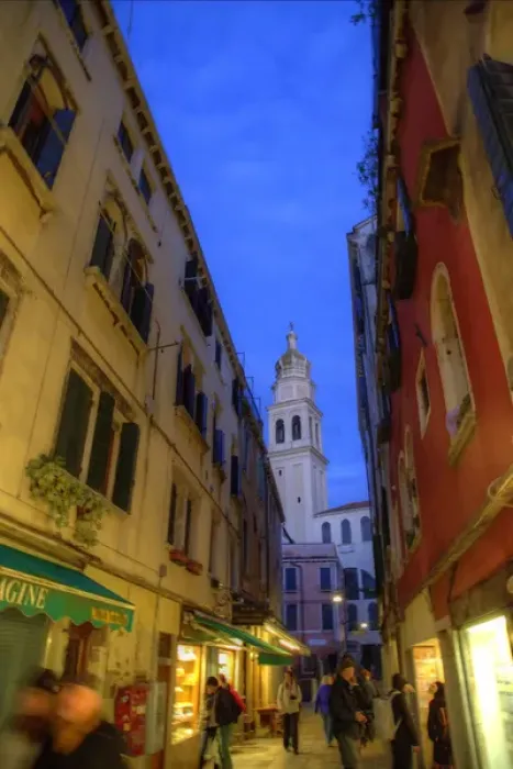 Framed Print : Evening street scene with Bell Tower in background, Venice Italy