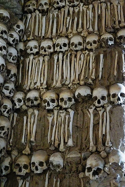 Evora, Portugal. Capela dos Ossos, Chapel of Bones. 17th Century gothic church. Interior is decorated with over 5000 bones