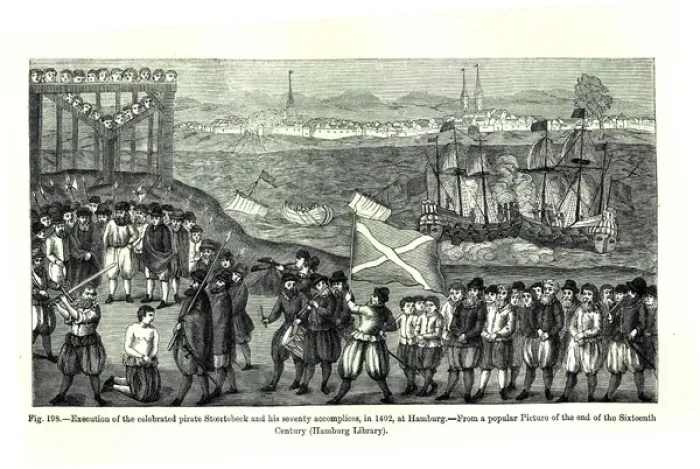 Framed Print : Execution of the pirate Stoertebeck and his 70 accomplices, 1402. Hamburg. 16th cent Framed Print : Execution of the pirate Stoertebeck and his 70 accomplices, 1402. Hamburg. 16th cent