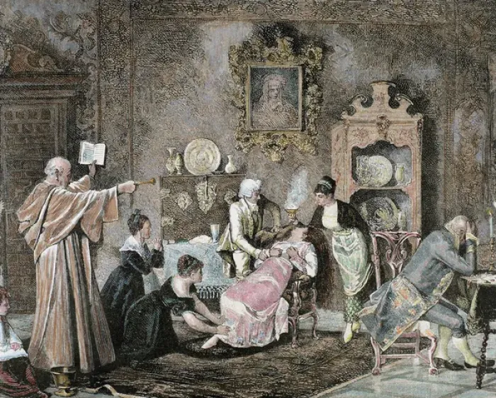 Framed Print : Exorcism. Cleric doing a spell against the evil spirit. Engraving by Recorded by C Framed Print : Exorcism. Cleric doing a spell against the evil spirit. Engraving by Recorded by C