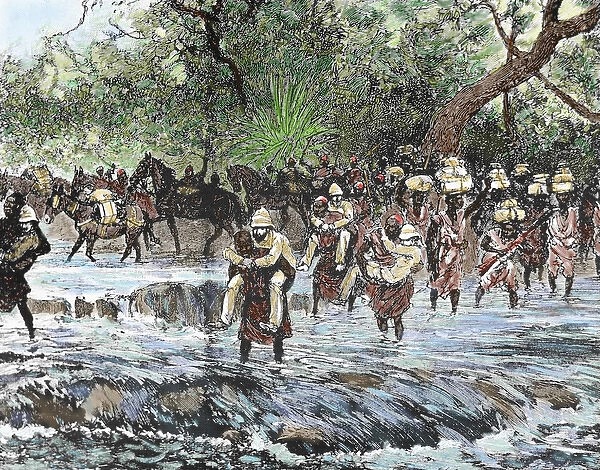 Explorers crossing a stream in the mountains Niniya. Sudan. Colored engraving of 1892