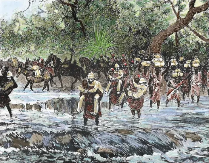 Framed Print : Explorers crossing a stream in the mountains Niniya. Sudan. Colored engraving of 1892 Framed Print : Explorers crossing a stream in the mountains Niniya. Sudan. Colored engraving of 1892