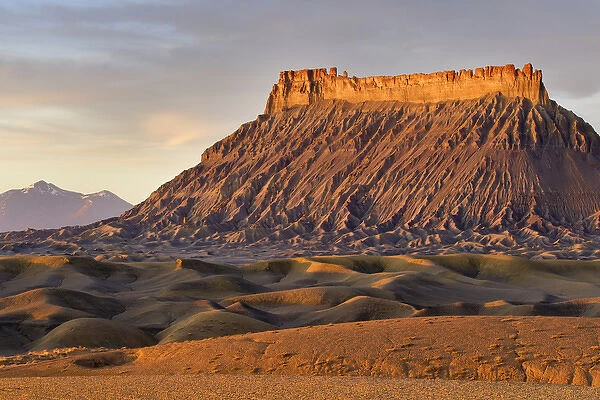 Factory Butte and The Henry Mountains in the Upper Blue Hills near Hanksville, Utah, USA
