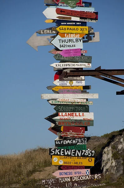 Falkland Island, Stanley (aka Port Stanley). Stanley Totem Pole, colorful directional