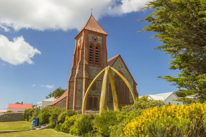 Framed Print : Falkland Islands, East Falkland, Stanley. Christ Church Cathedral and whalebone arch