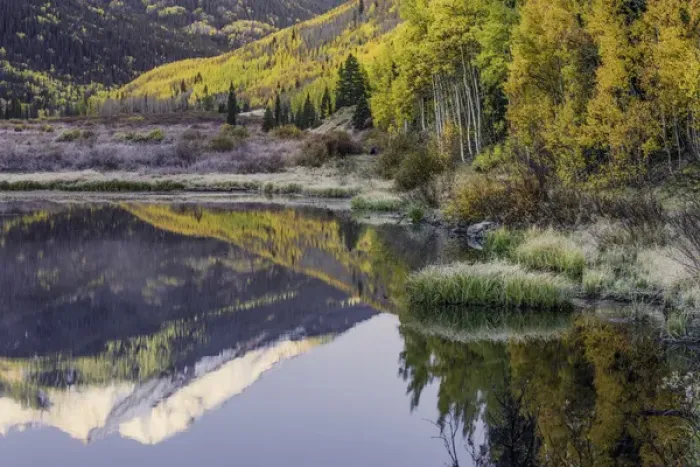 Framed Print : Fall colors and Red Mountain reflected on Crystal Lake at sunrise, near Ouray, Colorado