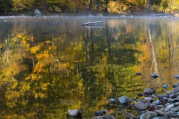 Fall colors reflect in the Saco River in Bartlett, New Hampshire. White Mountains